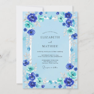 Azure Cobalt Ranunculus Eucalyptus Wedding Invitation