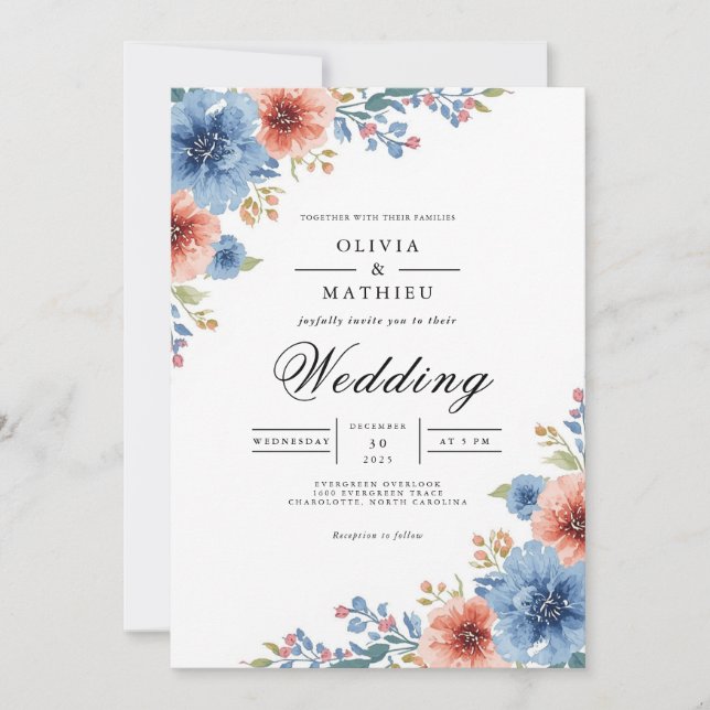 Azure Coral Bloom Flourish Wedding Invitation (Front)