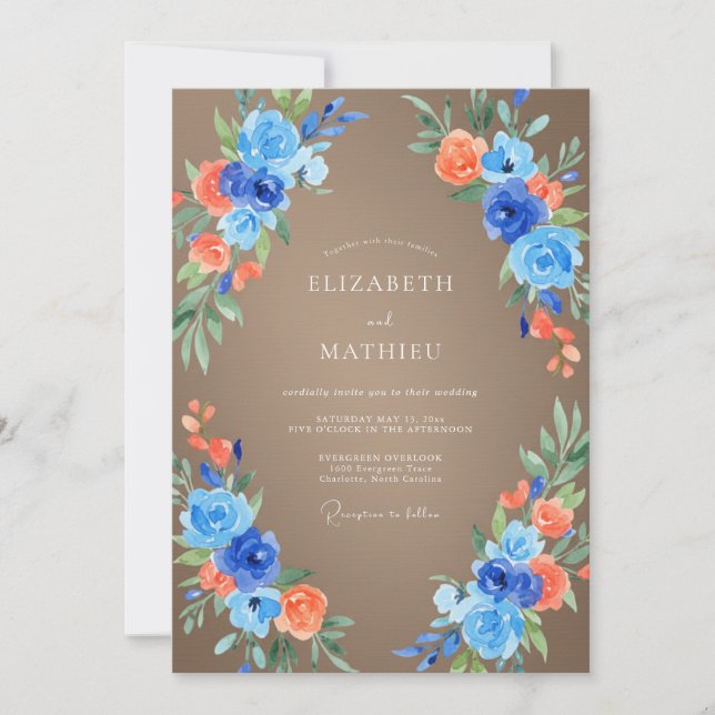 Azure Coral Leafy Wedding Invitation (Front)