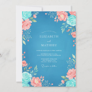Azure Coral Watercolor Floral Wedding Invitation