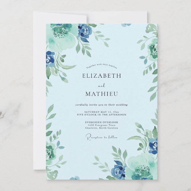 Azure Cornflower Leafy Wedding Invitation (Front)