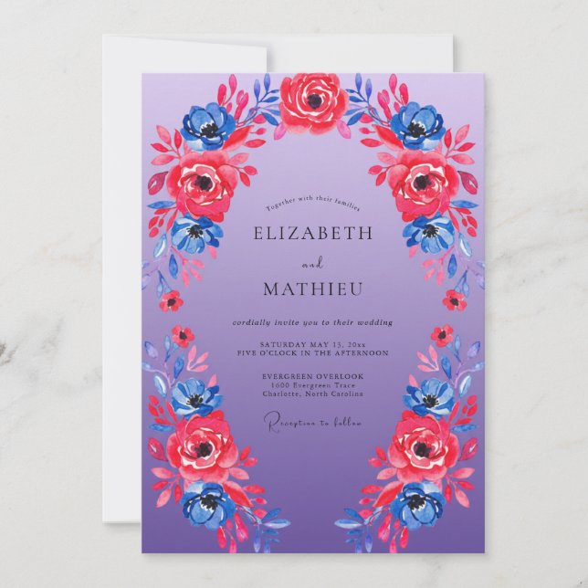 Azure Crimson Periwinkle Petal Wedding Invitation (Front)