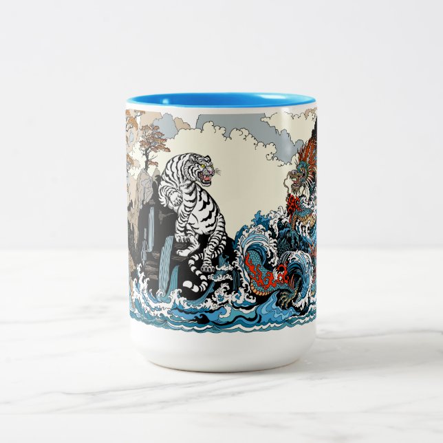 Azure Dragon and White Tiger. Illustration Two-Tone Coffee Mug (Center)