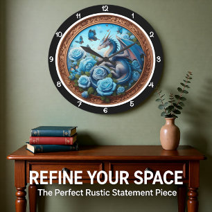 Azure Dragon Blue Rose Fantasy Large Clock