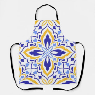 Azure Elegance Blue and Gold Floral Mosaic Apron
