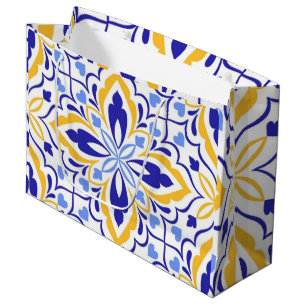 Azure Elegance Blue and Gold Floral Mosaic Large Gift Bag