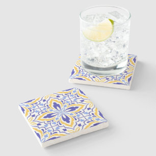 Azure Elegance Blue and Gold Floral Mosaic Stone Coaster