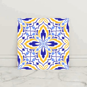 Azure Elegance Blue and Gold Floral Mosaic Tile