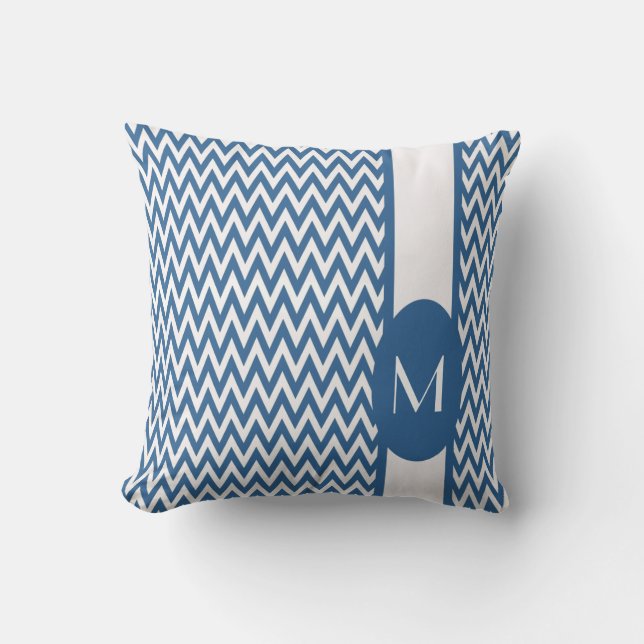 Azure Elegant Chevron Design with monogram Cushion (Front)