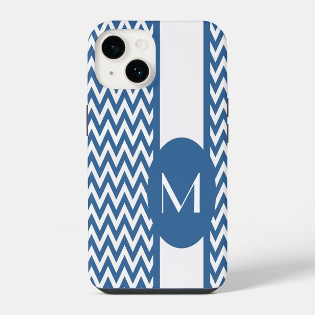 Azure Elegant Chevron Design with monogram iPhone Case (Back)
