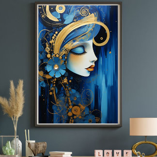 Azure Empress – Blue and Gold Art Deco Woman Canvas Print