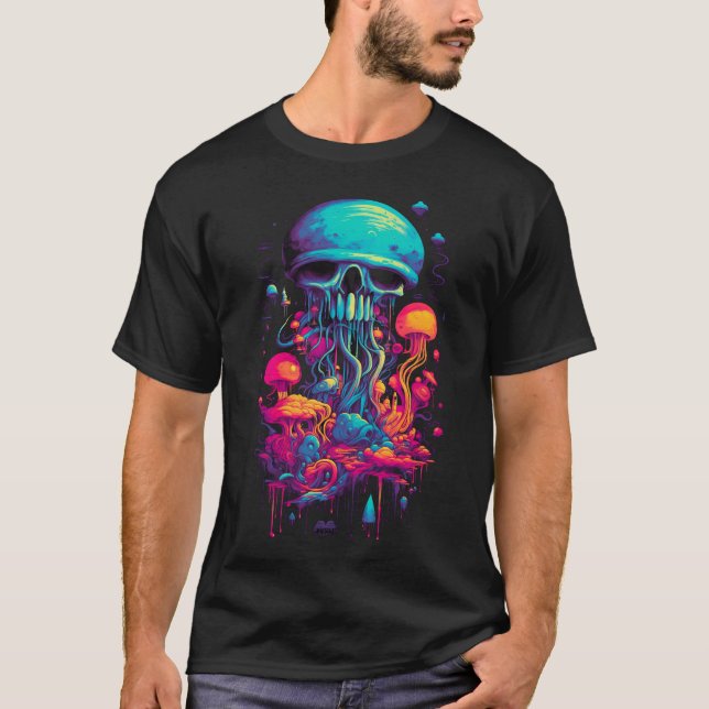 Azure Enigma: Blue Jellyfish Skull T-Shirt (Front)