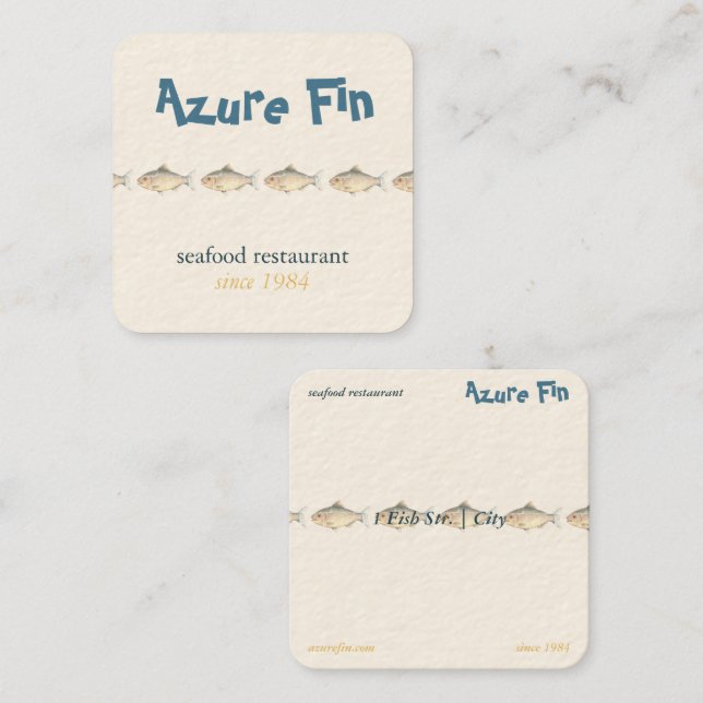 Azure Fin Coastal Fish Pattern Seafood Restaurant Square Business Card (Front/Back)