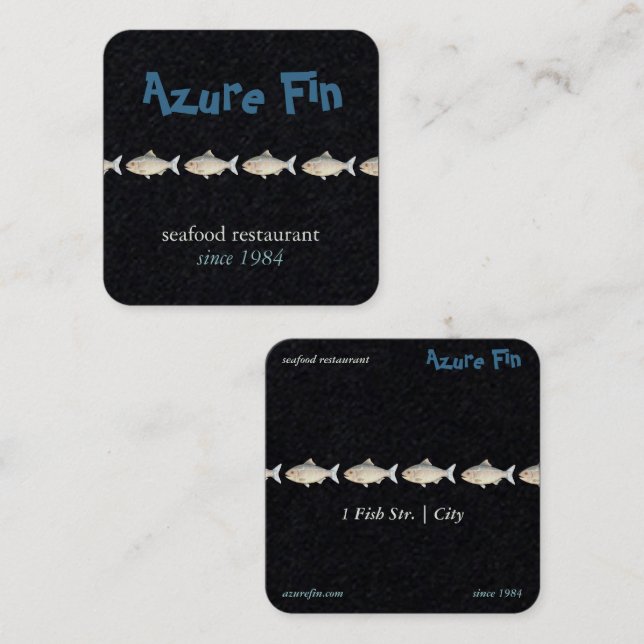 Azure Fin Elegant Black Coastal Seafood Restaurant Square Business Card (Front/Back)