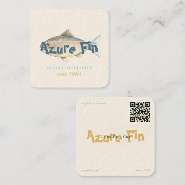 Azure Fin Elegant Fish Restaurant Logo Square Business Card (Front/Back)