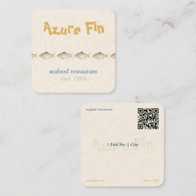 Azure Fin Elegant Fish Restaurant Logo Square Business Card (Front/Back)