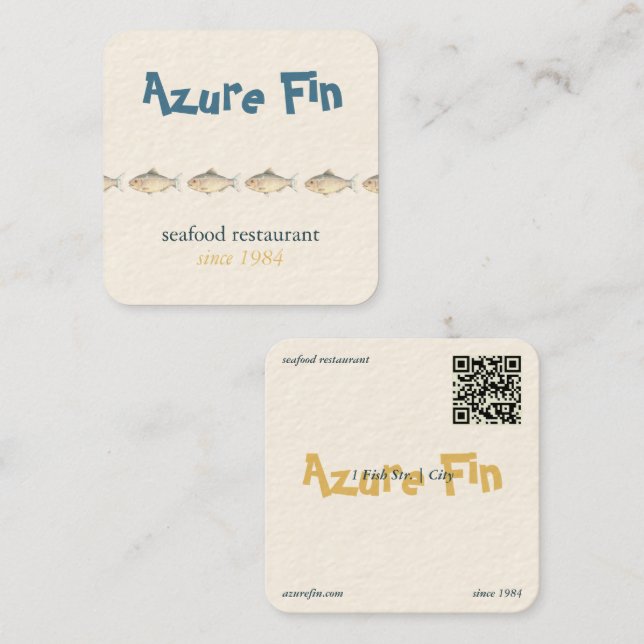 Azure Fin Elegant Fish Restaurant Logo Square Business Card (Front/Back)