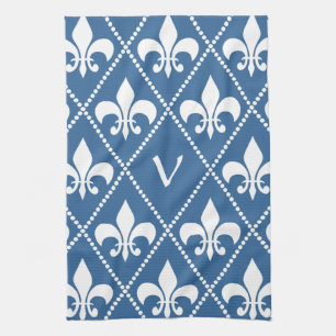 Azure Fleur de Lis with monogram initial Tea Towel
