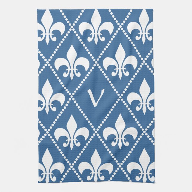 Azure Fleur de Lis with monogram initial Tea Towel (Vertical)