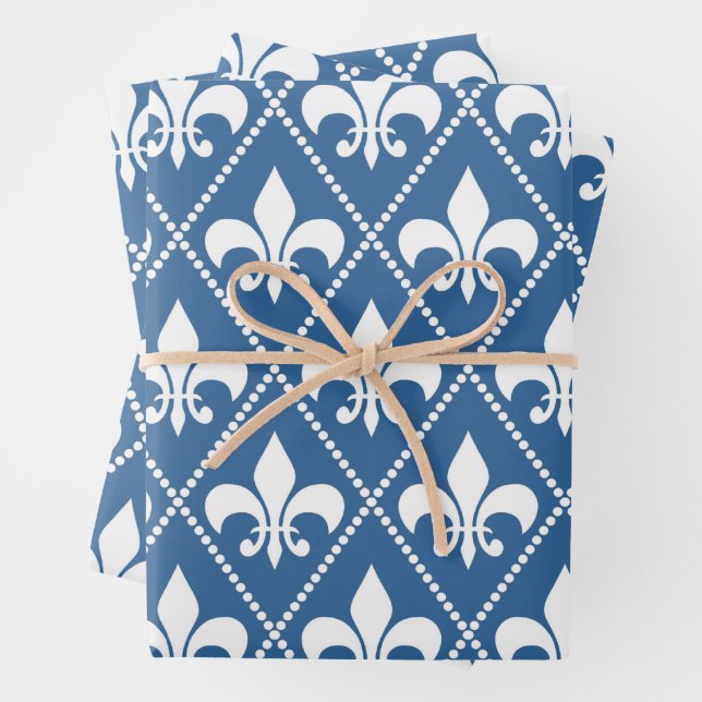 Azure Fleur de Lis Wrapping Paper Sheet (In situ)