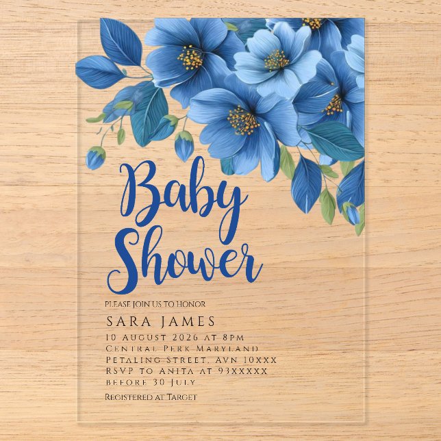 Azure Floral Acrylic Baby Shower Invitation (Front)