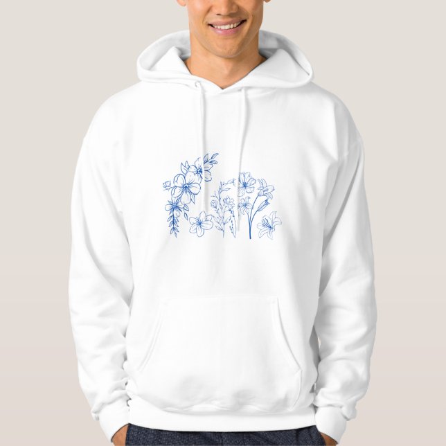 Azure Floral Line Art Print Hoodie (Front)