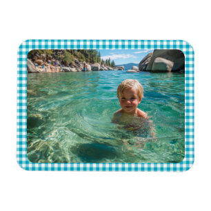 Azure Gingham Plaid Family Photo Magnet