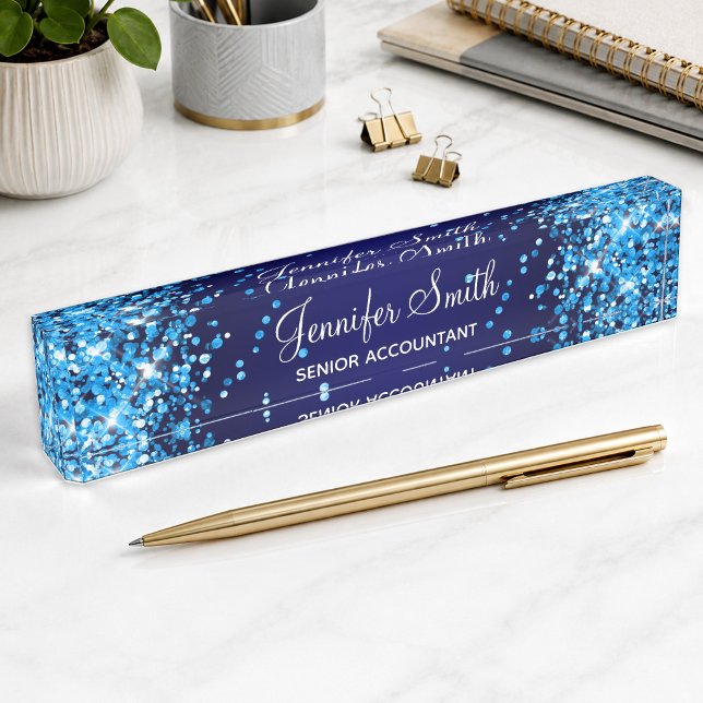 Azure Glitter Navy Blue Gradient Nameplate (Azure Glitter Navy Blue Gradient Desk Name Plate)