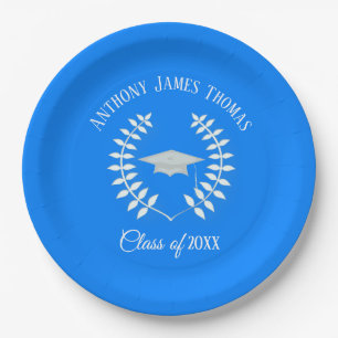 Azure Grad Cap and Leaves Paper Plates 9"