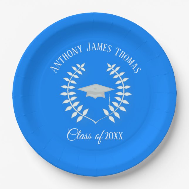 Azure Grad Cap and Leaves Paper Plates 9" (Front)