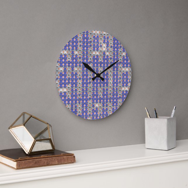 Azure Lattice Mosaic Geometric Pattern 1297 Large Clock (Office)
