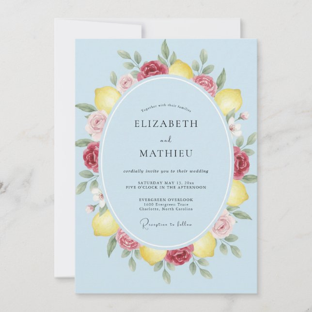 Azure Lemon Watercolor Wedding Invitation (Front)