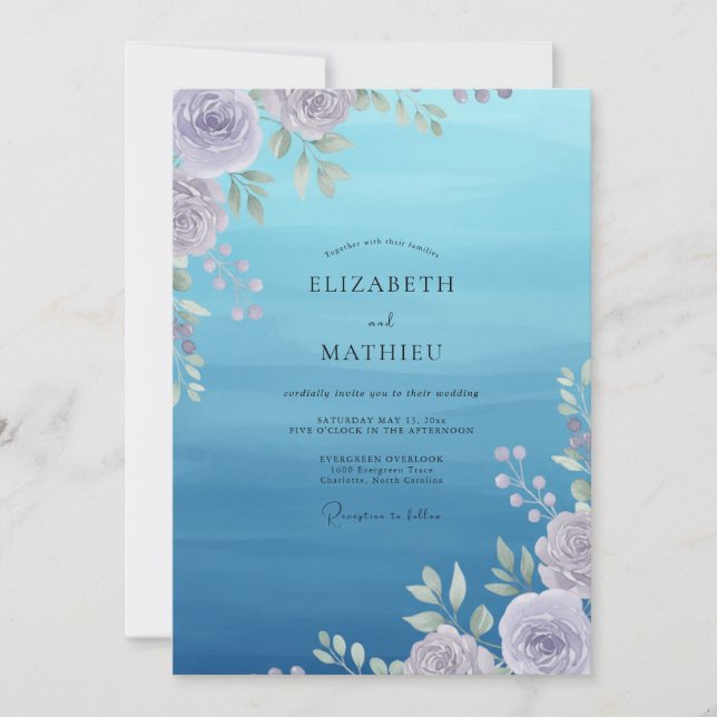 Azure Lilac Ranunculus Sage Wedding Invitation (Front)