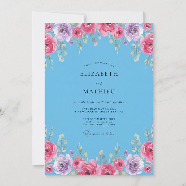 Azure Magenta Wildflower Wedding Invitation (Front)