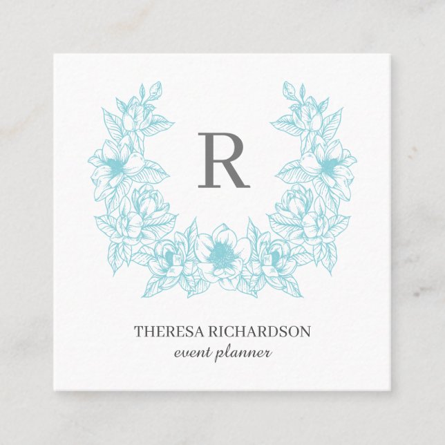 Azure Magnolia Wreath Monogram social media Square Business Card (Front)