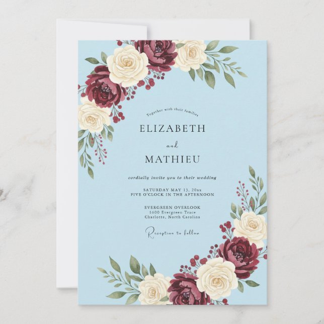 Azure Maroon Petal Wedding Invitation (Front)