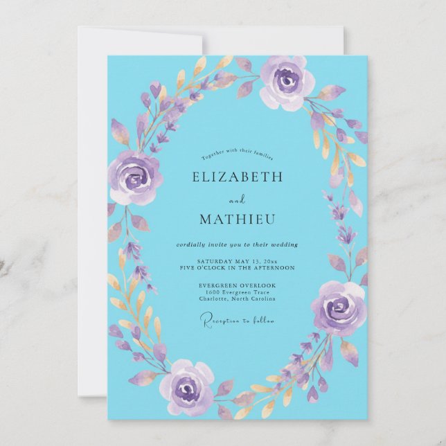 Azure Mauve Wreath Wedding Invitation (Front)