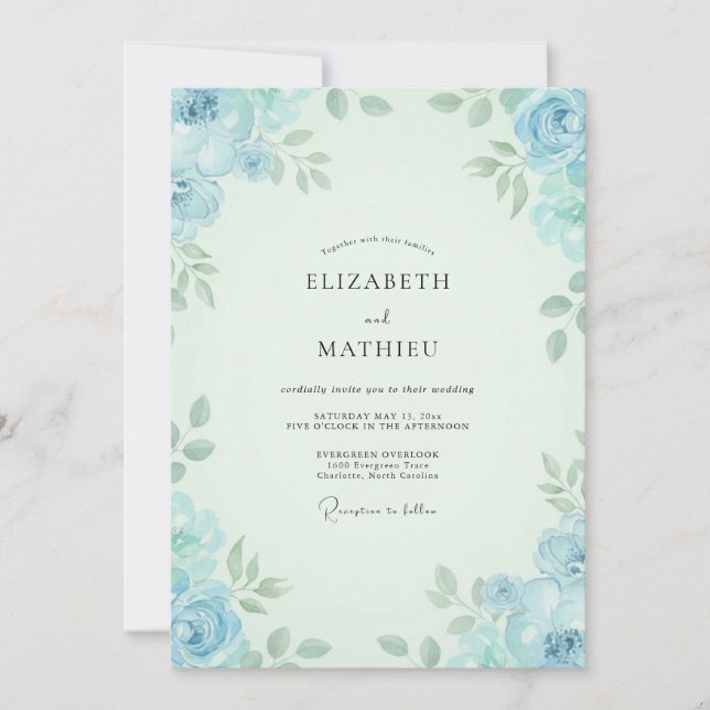 Azure Mint Hydrangea Eucalyptus Wedding Invitation (Front)