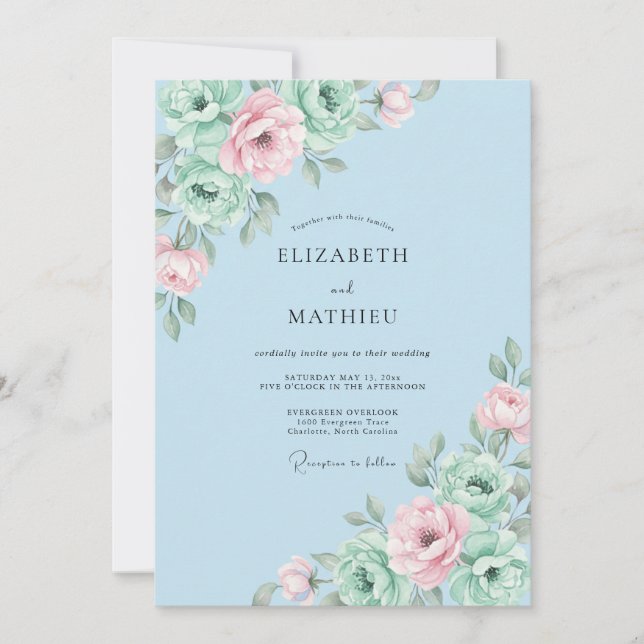 Azure Mint Peony Wedding Invitation (Front)