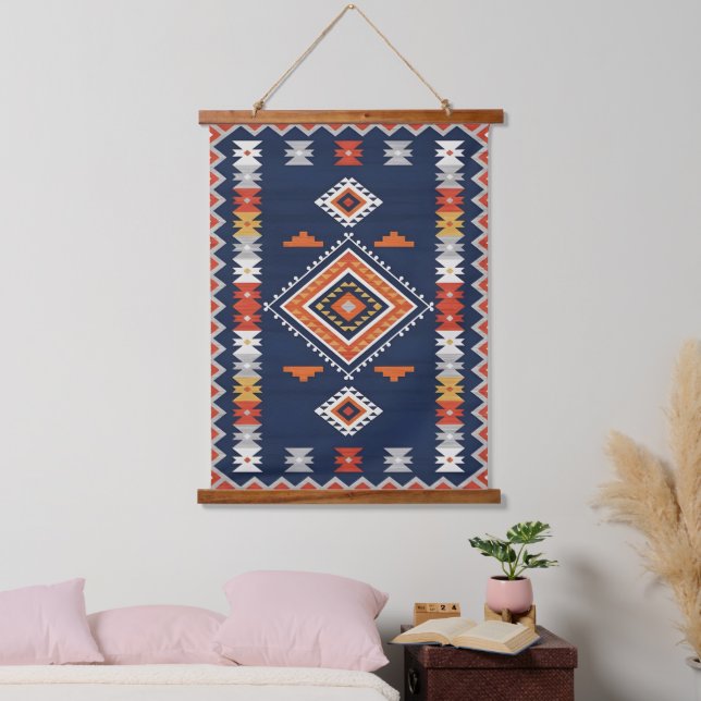 Azure Navy and Terracotta Geometric Tribal Hanging Tapestry (Bedroom)