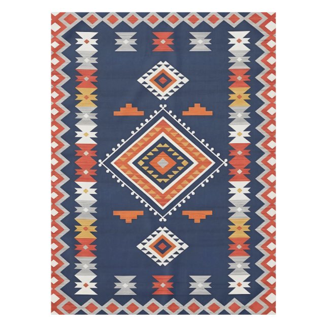 Azure Navy and Terracotta Geometric Tribal Tablecloth (Front)