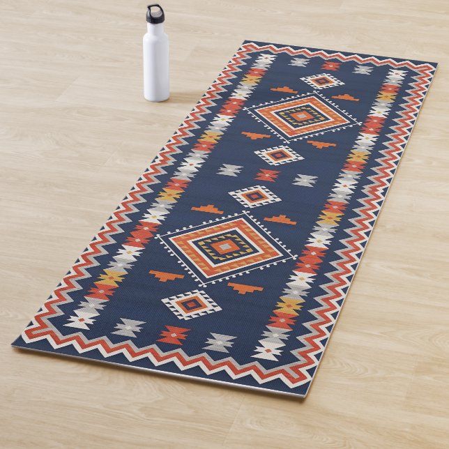 Azure Navy and Terracotta Geometric Tribal Yoga Mat (In Situ)
