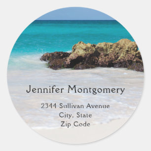Azure Ocean Sandy Beach Photo - Address Classic Round Sticker
