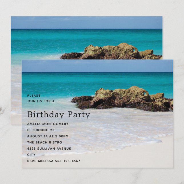 Azure Ocean Sandy Beach Photo Birthday Invitation (Front/Back)