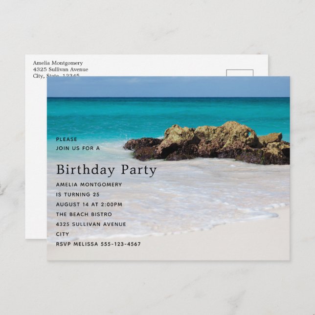 Azure Ocean Sandy Beach Photo Birthday Invitation Postcard (Front/Back)