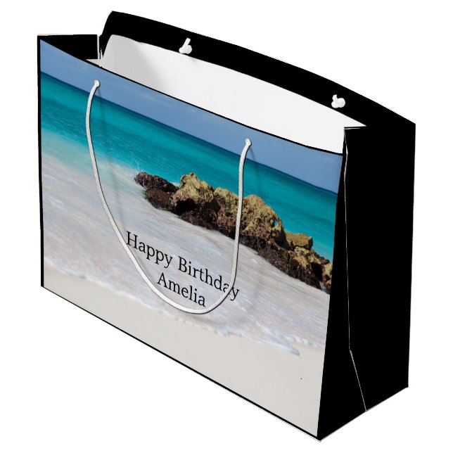 Azure Ocean Sandy Beach Photo Birthday Large Gift Bag (Back Angled)