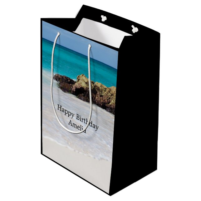 Azure Ocean Sandy Beach Photo Birthday Medium Gift Bag (Back Angled)