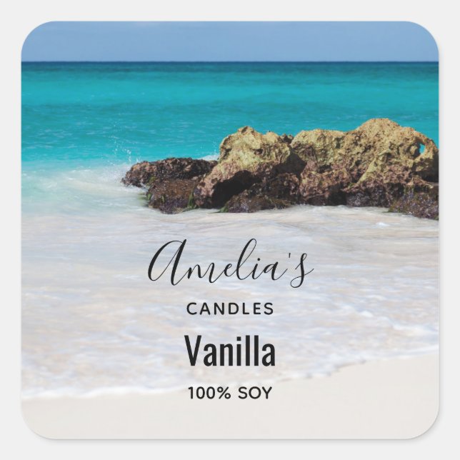 Azure Ocean Sandy Beach Photo - Candle Business Square Sticker (Front)