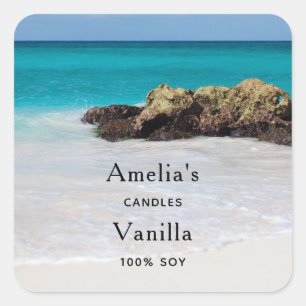 Azure Ocean Sandy Beach Photo Candle Business Square Sticker