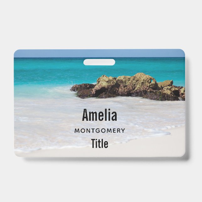 Azure Ocean Sandy Beach Photo ID Badge (Front)